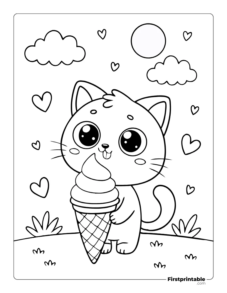Cat with Ice Cream Coloring Sheet