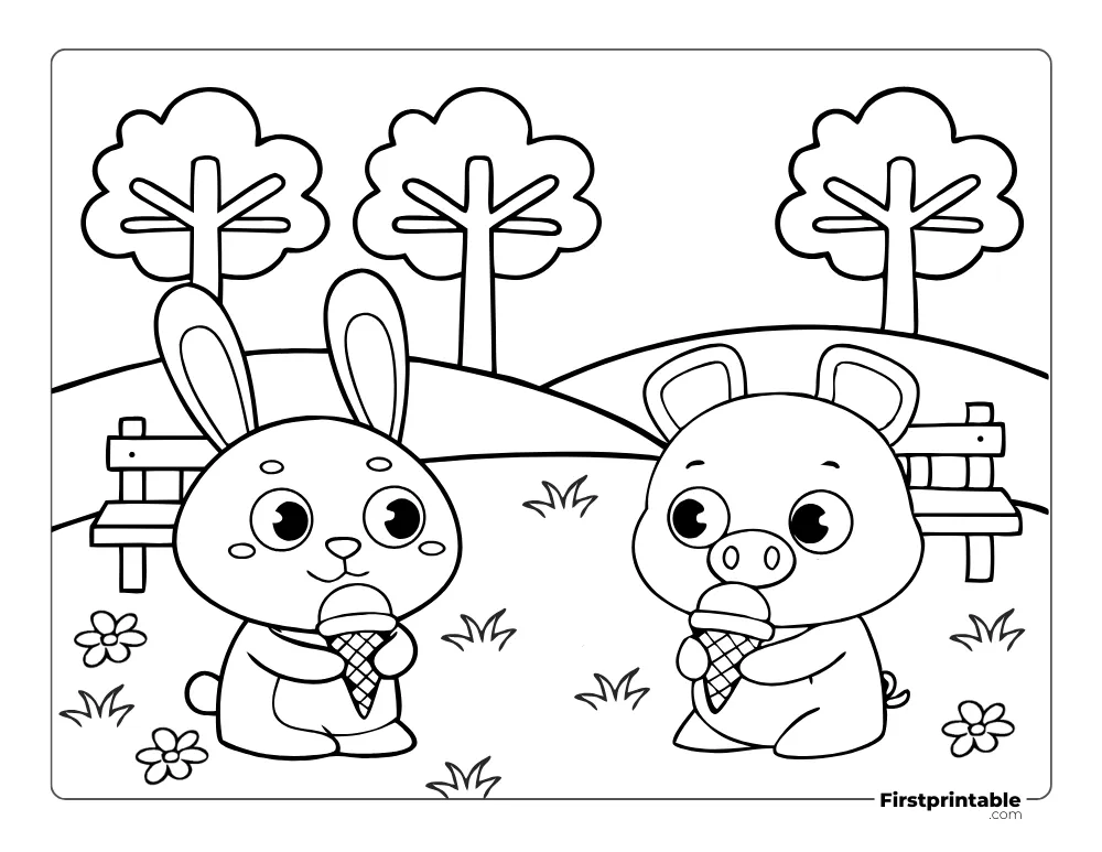 Bunny and Pig in the Park Coloring Page