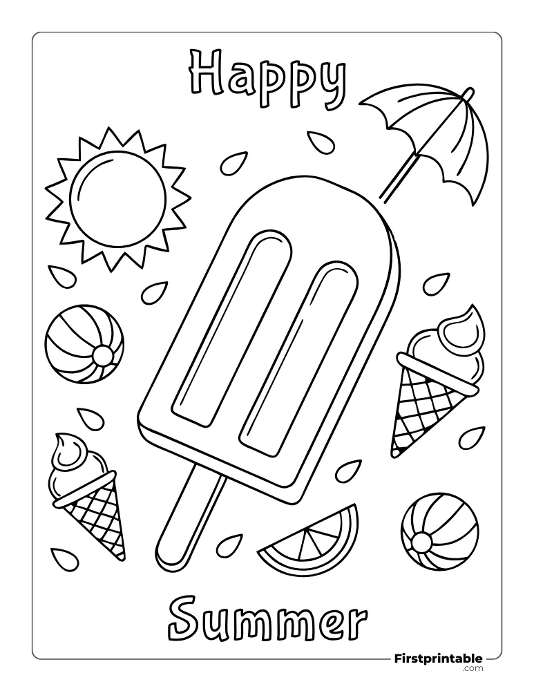 "Happy Summer" Popsicle Coloring Page