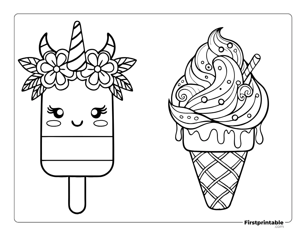 Unicorn Popsicle and Ice Cream Cake Cone to Color