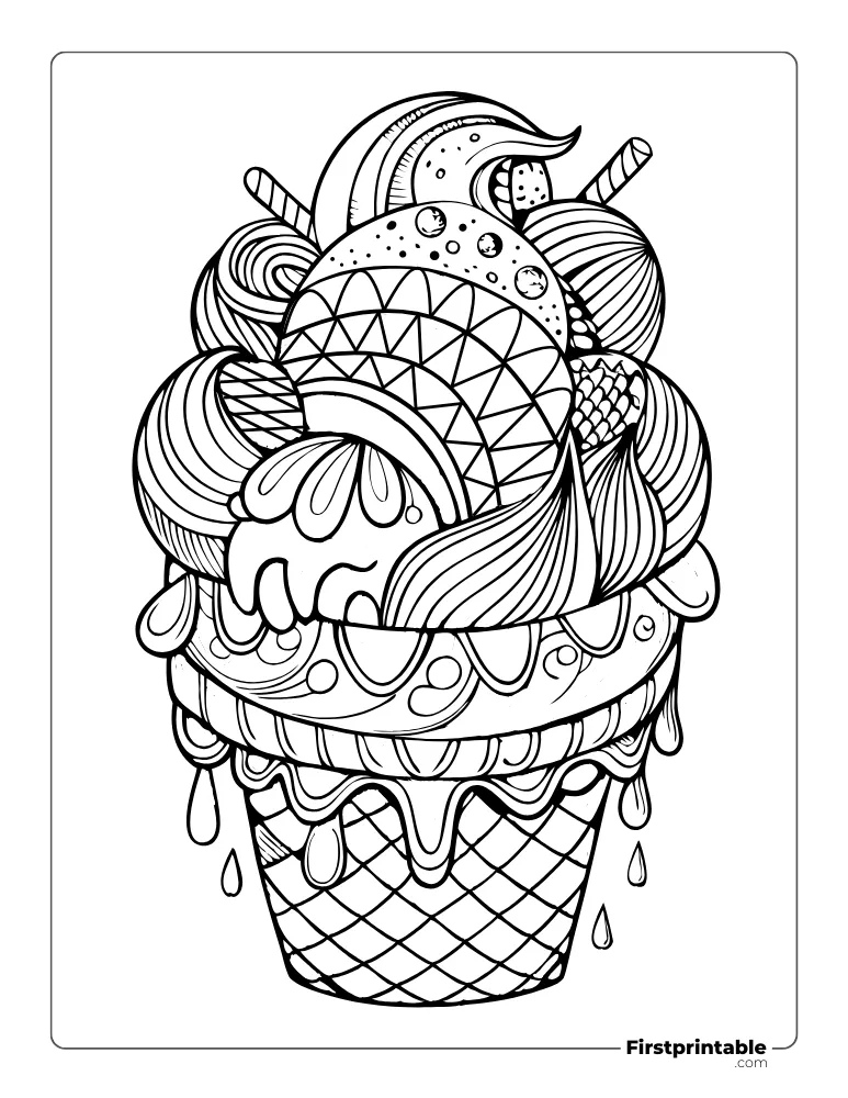 Ice Cream Zen Tangle Design Coloring Sheet