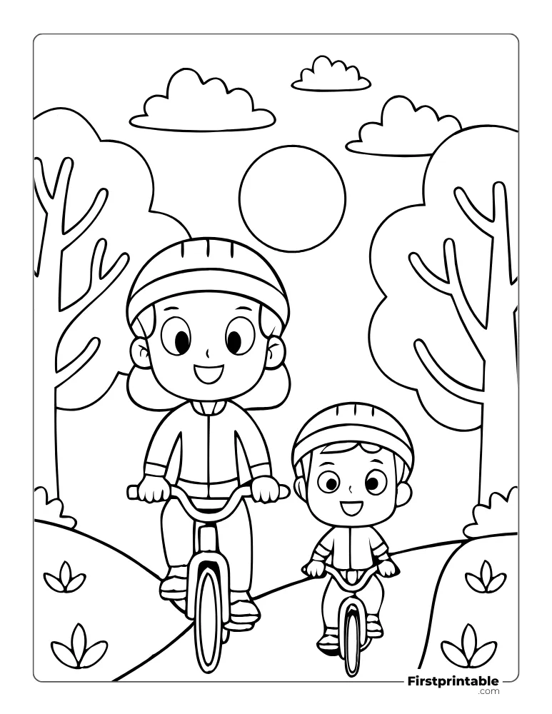 Happy Mom and Son Riding Cycle Coloring Sheet