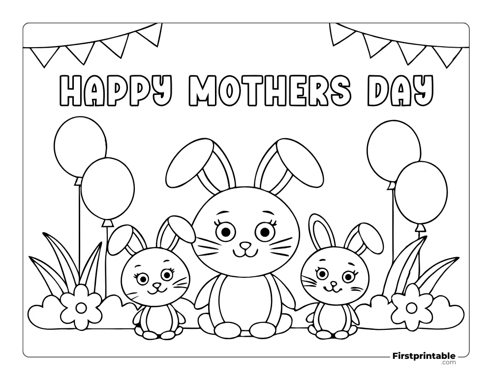 Bunny Family Celebrating "Happy Mother's Day" Coloring Page