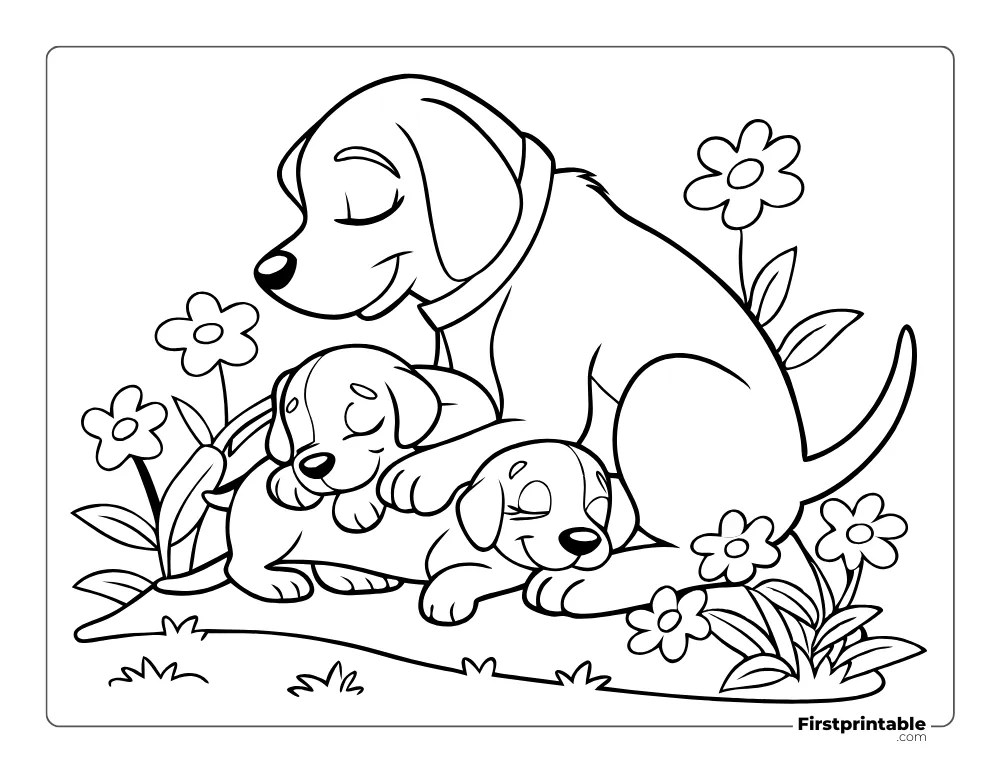 Dog and Puppies Sleeping Coloring Page for Kids