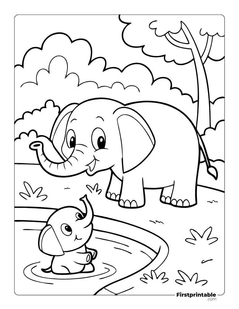 Cute Elephant and Calf Playing in the Water