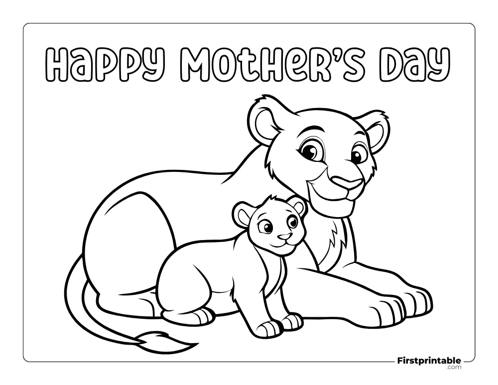 "Happy Mother's Day" Lion and Calf Coloring Sheet for Kids
