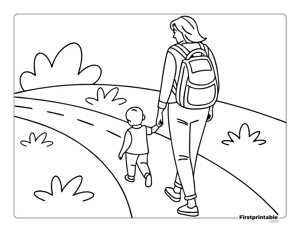 Cute Mom and Boy Walking on the Road Coloring Page
