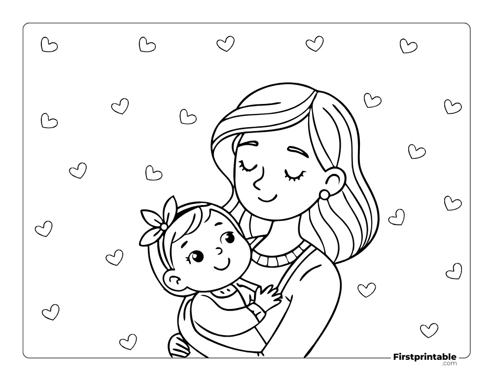 Mom Cradling Little Girl Coloring Sheet