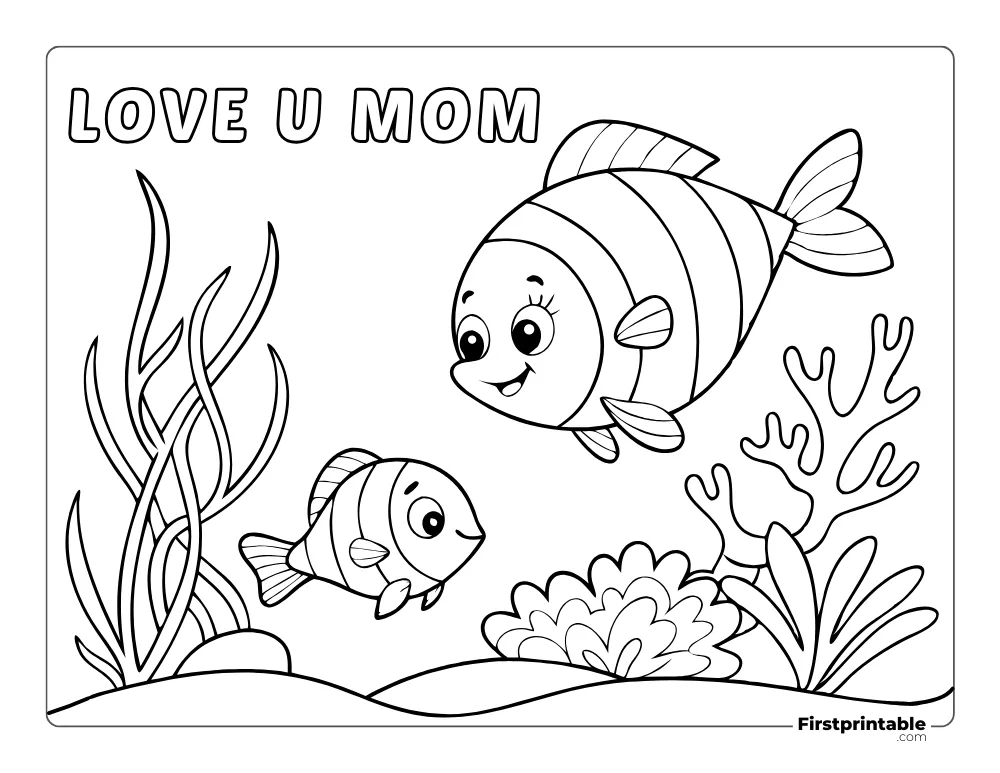 "Love U Mom" Fish Coloring Page