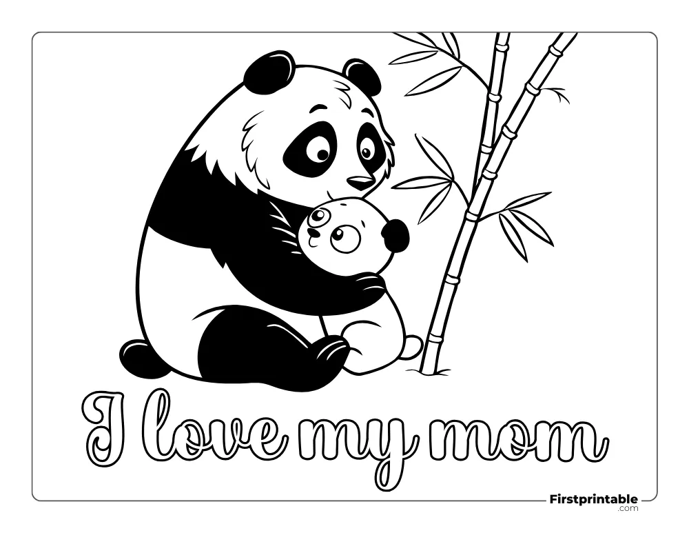 Mummy Panda Hugging Baby Panda Coloring Sheet