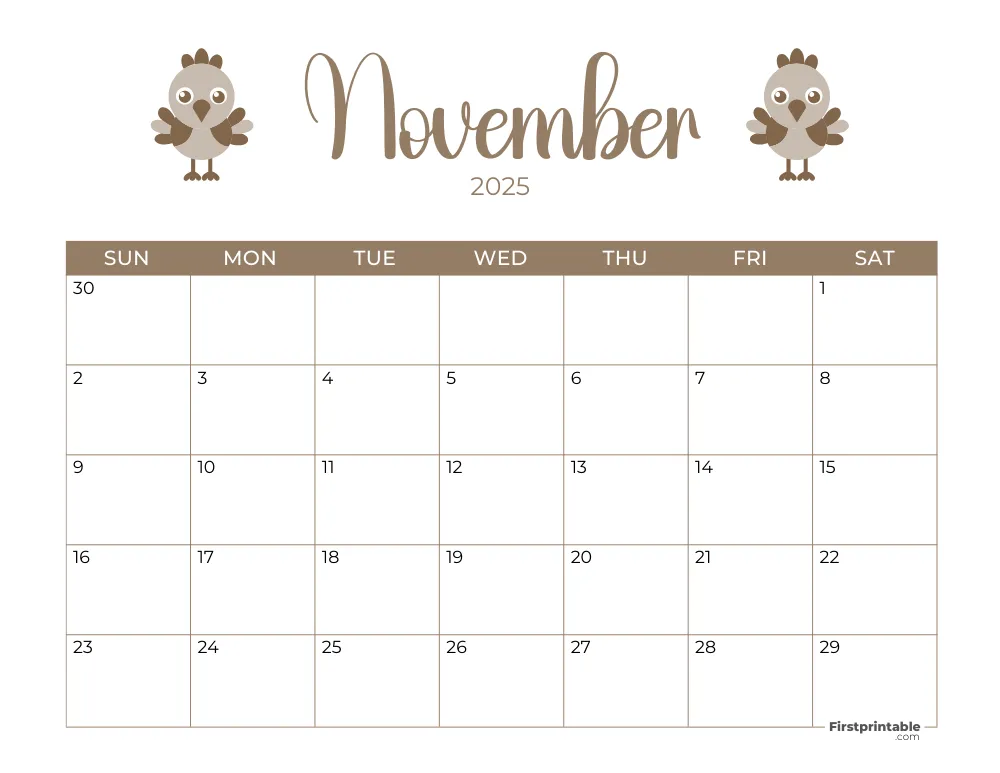 Printable November Calendar 2025 Thanksgiving Day Template 22