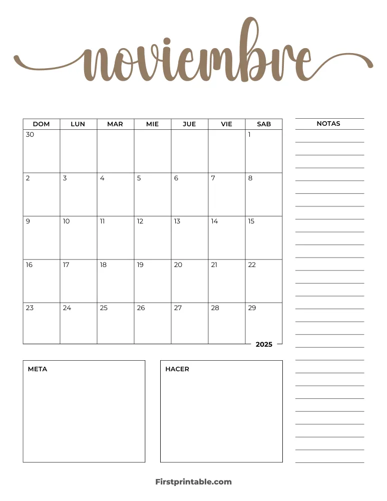 Spanish Printable November Calendar 2025 Template 32