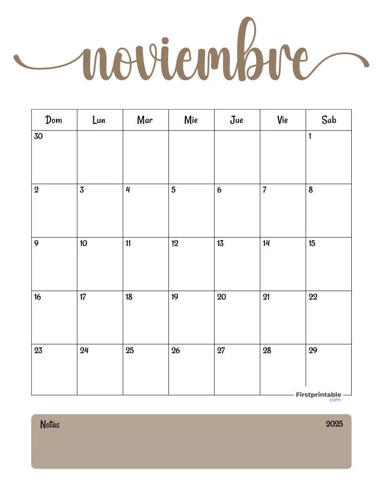 Spanish Printable November Calendar 2025 Template 36