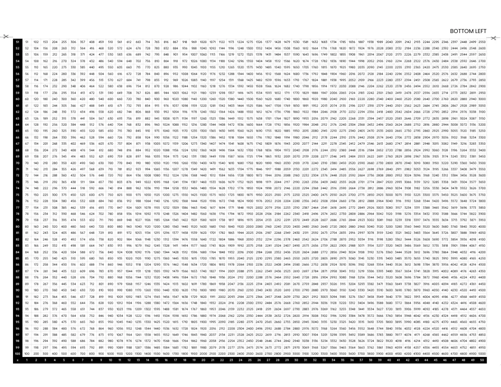 1-100 Multiplication Chart 01 (Bottom Left)