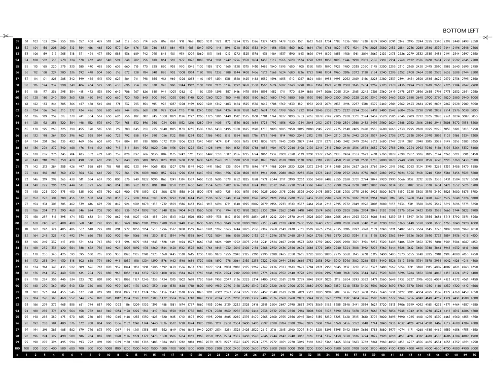 1-100 Multiplication Chart 02 (Bottom Left)