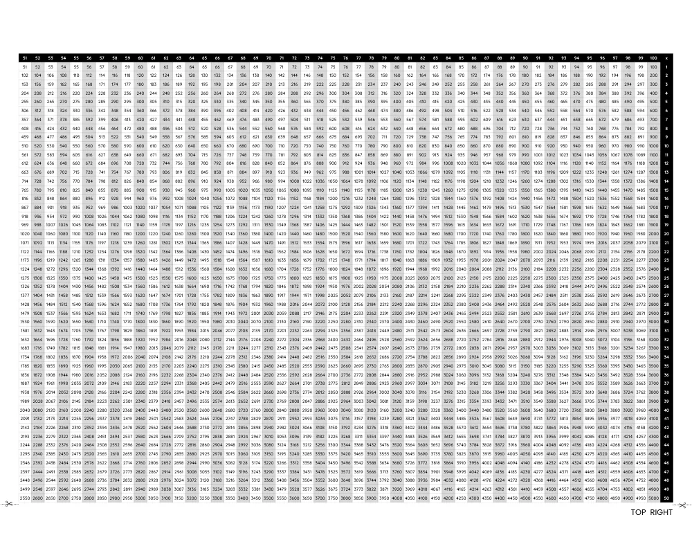1-100 Multiplication Chart 02 (Top Right)