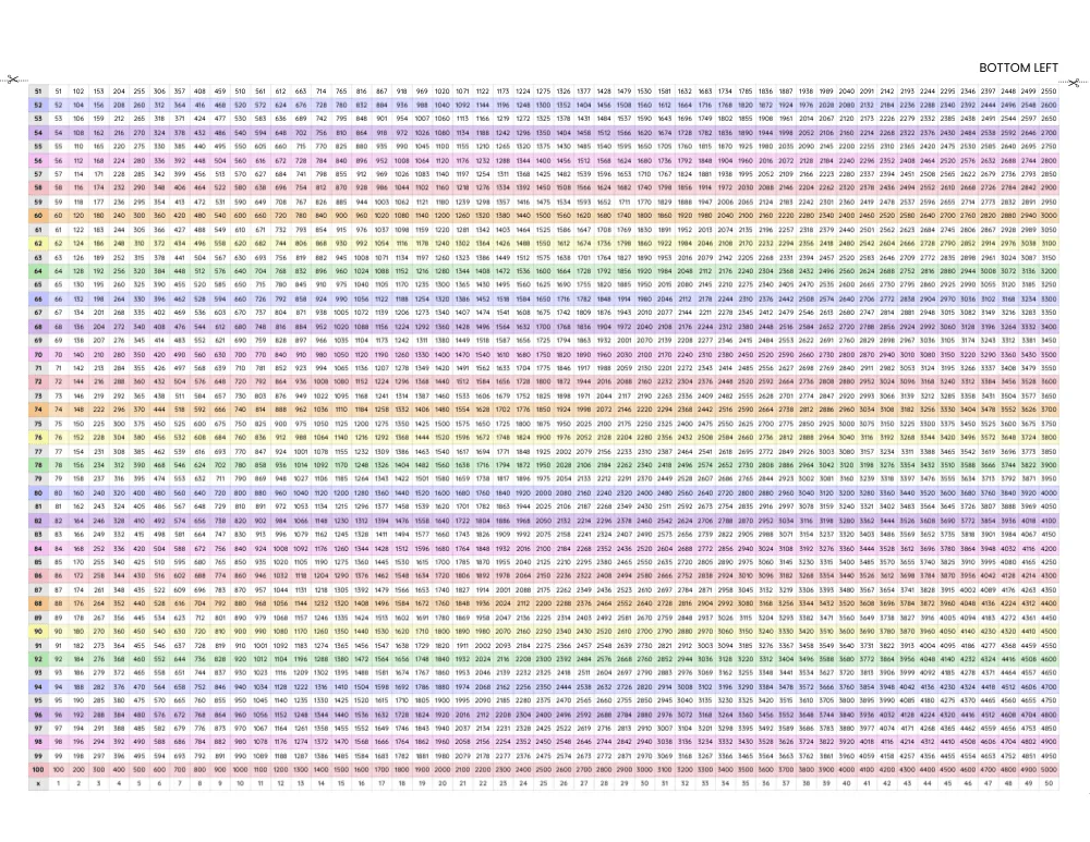 1-100 Multiplication Chart 03 (Bottom Left)