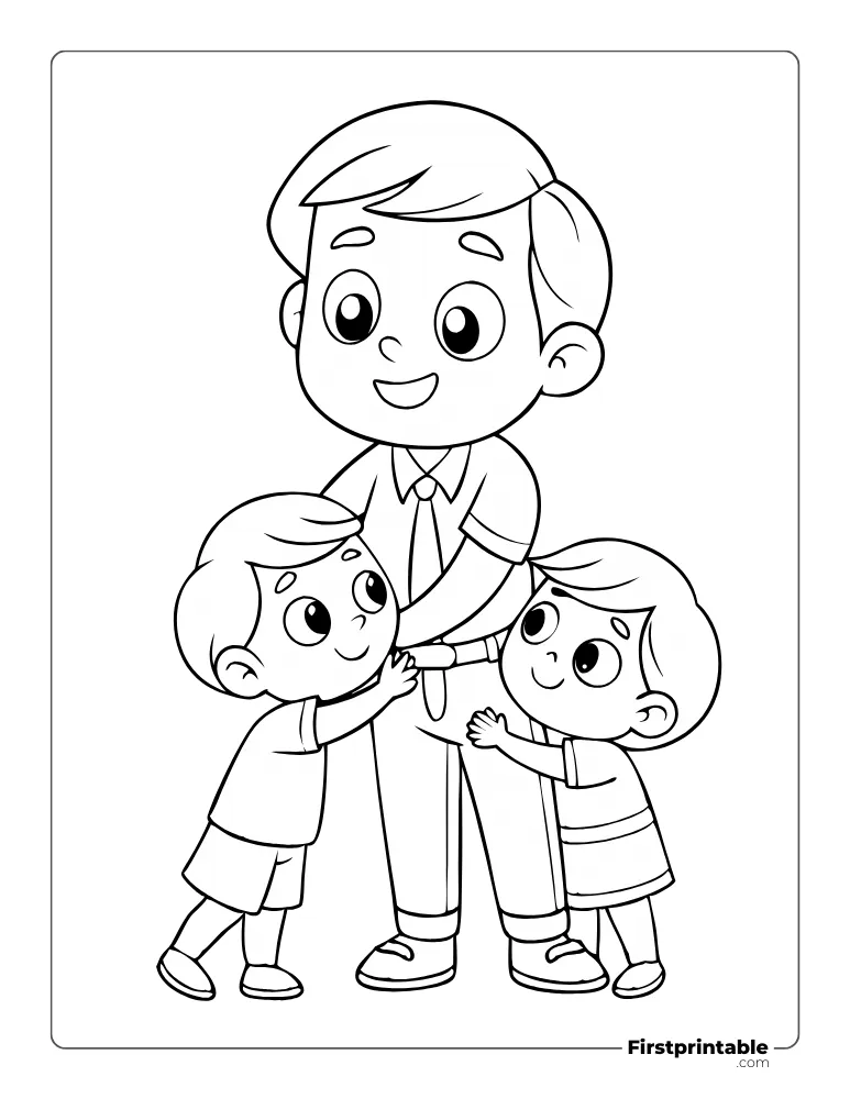 Young Dad with Children Coloring Page