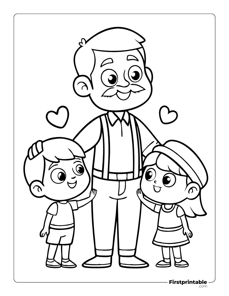 Grandpa with Kids Coloring Page