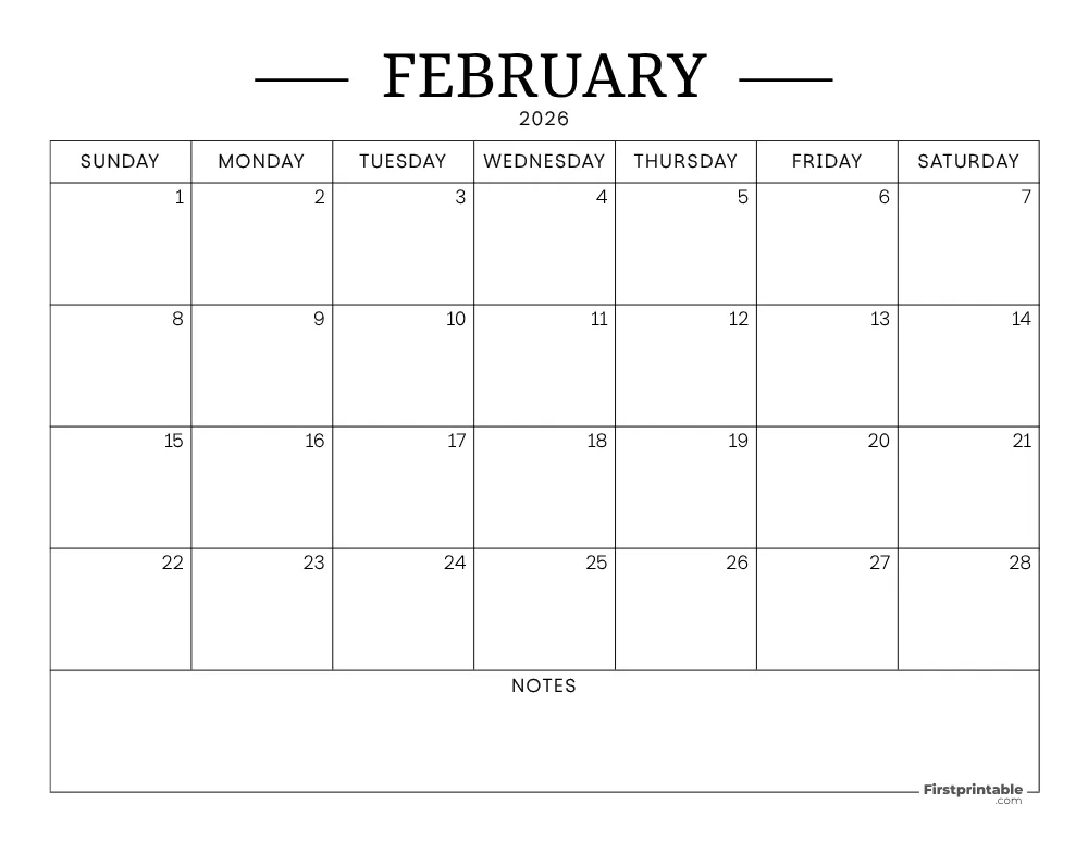 February Calendar 2026 Printable