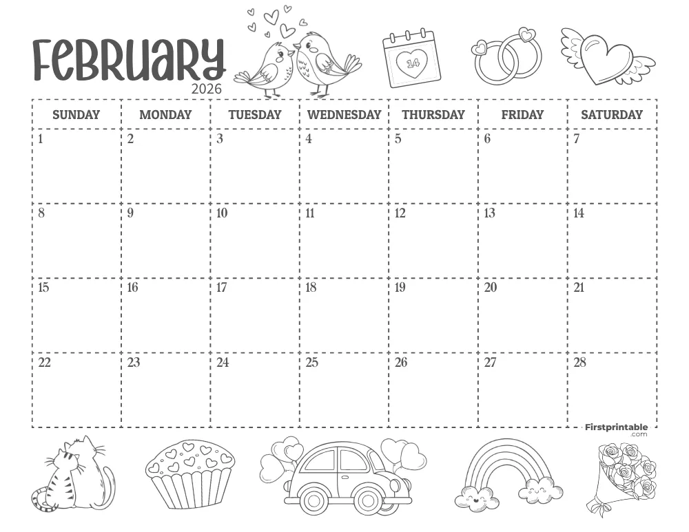 February Calendar 2026 Valentines Day Themed 01