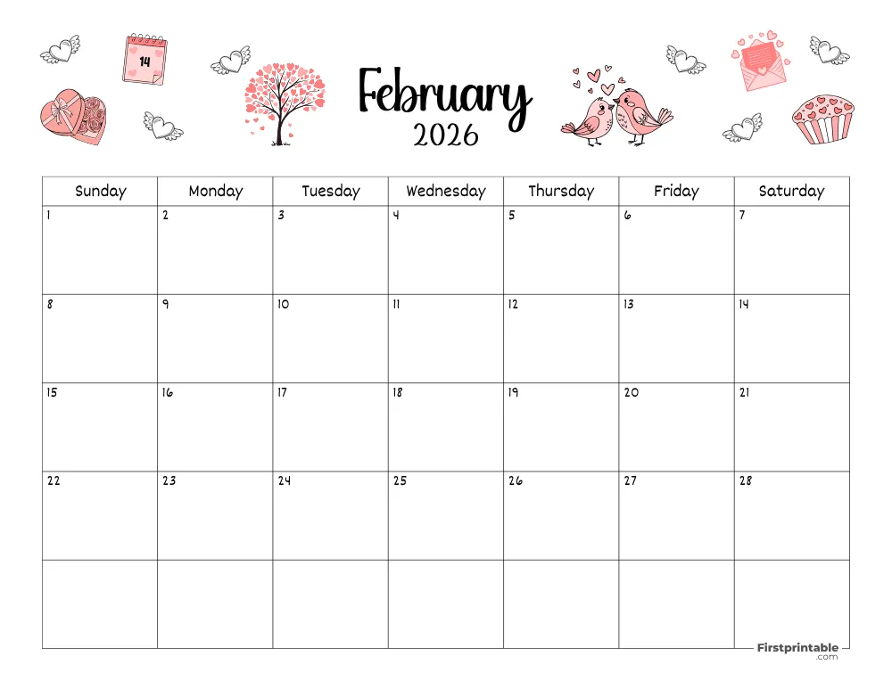 February Calendar 2026 Valentines Day Themed 02