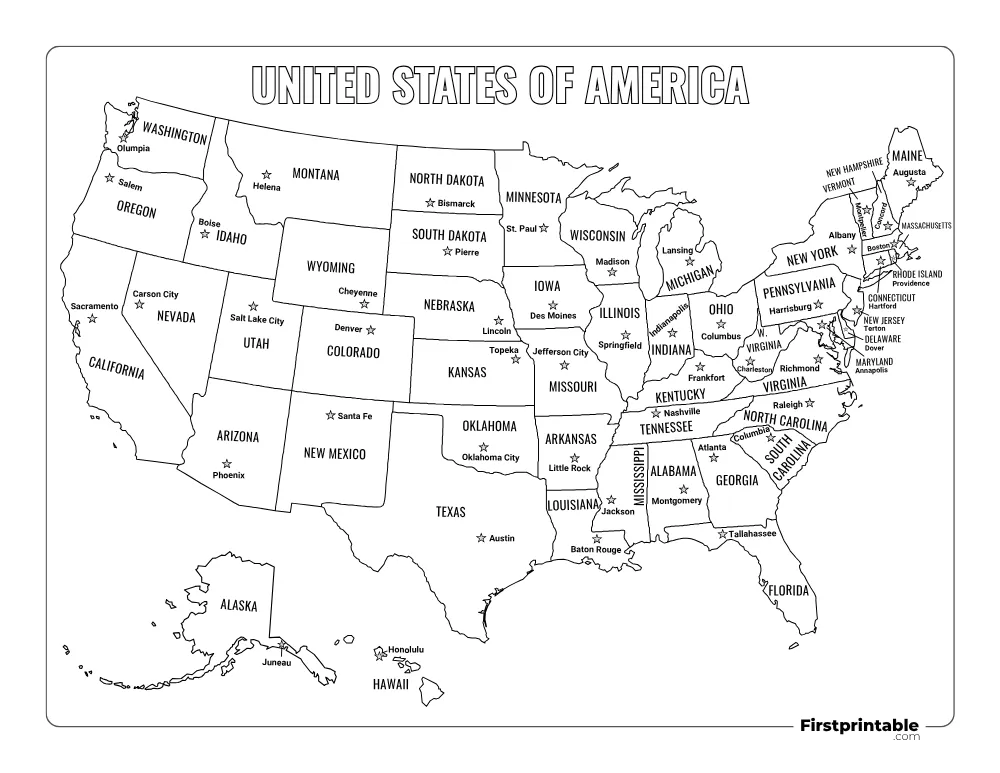 Printable US Map with Capitals Template 01