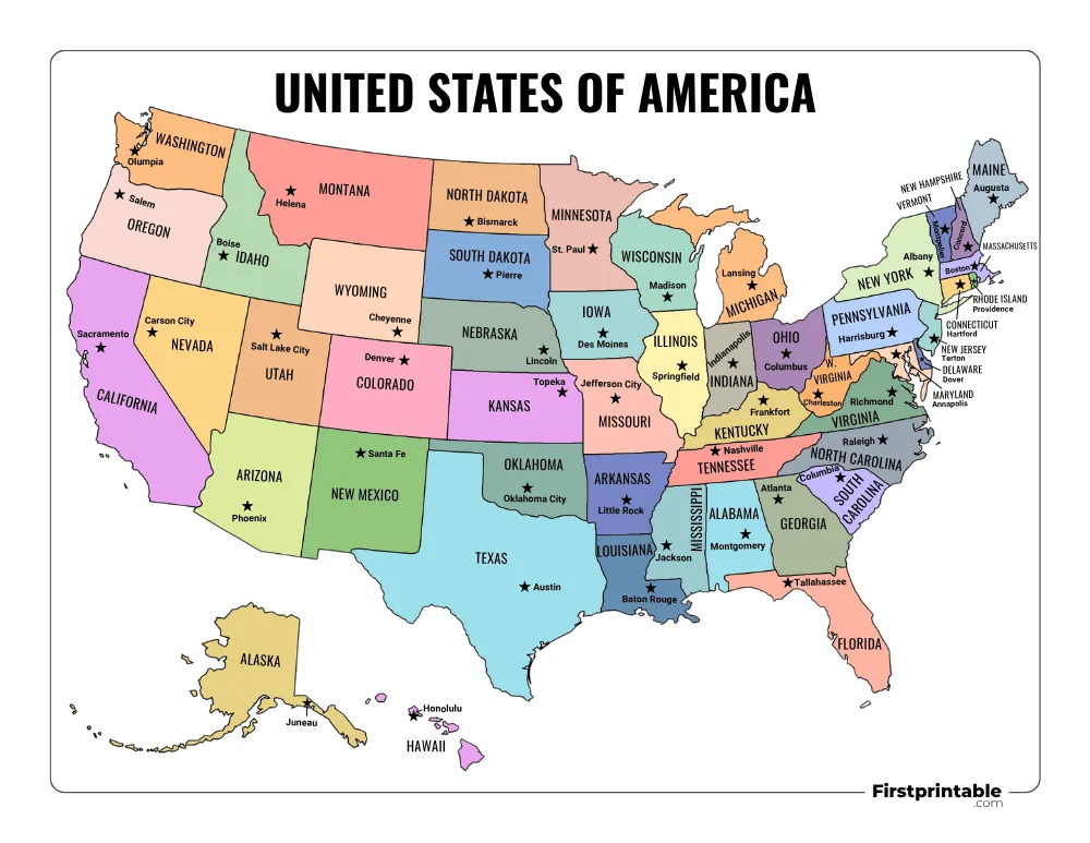 Printable US Map with Capitals Template 02