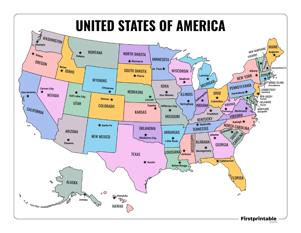 Printable US Map with Capitals Template 03