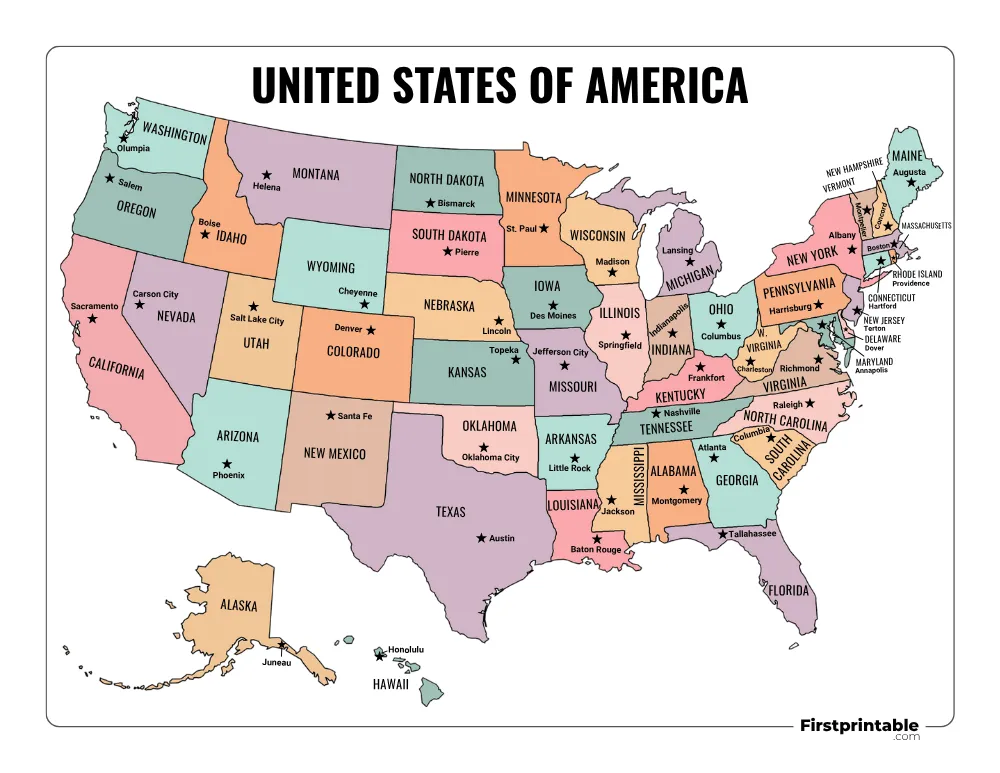 Printable US Map with Capitals Template 04