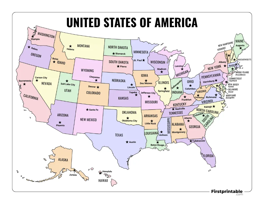 Printable US Map with Capitals Template 05