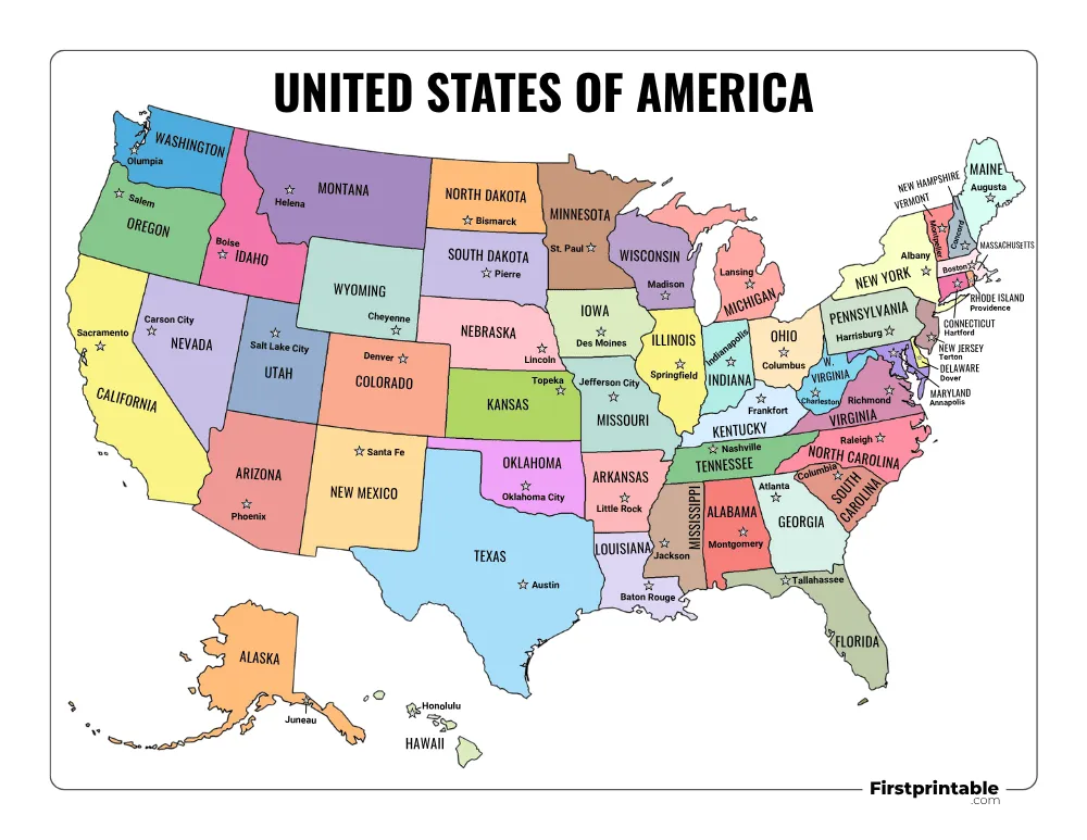 Printable US Map with Capitals Template 06