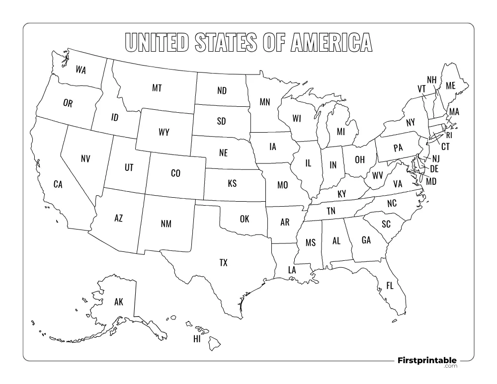 Printable US Map with State Abbreviations Template 01