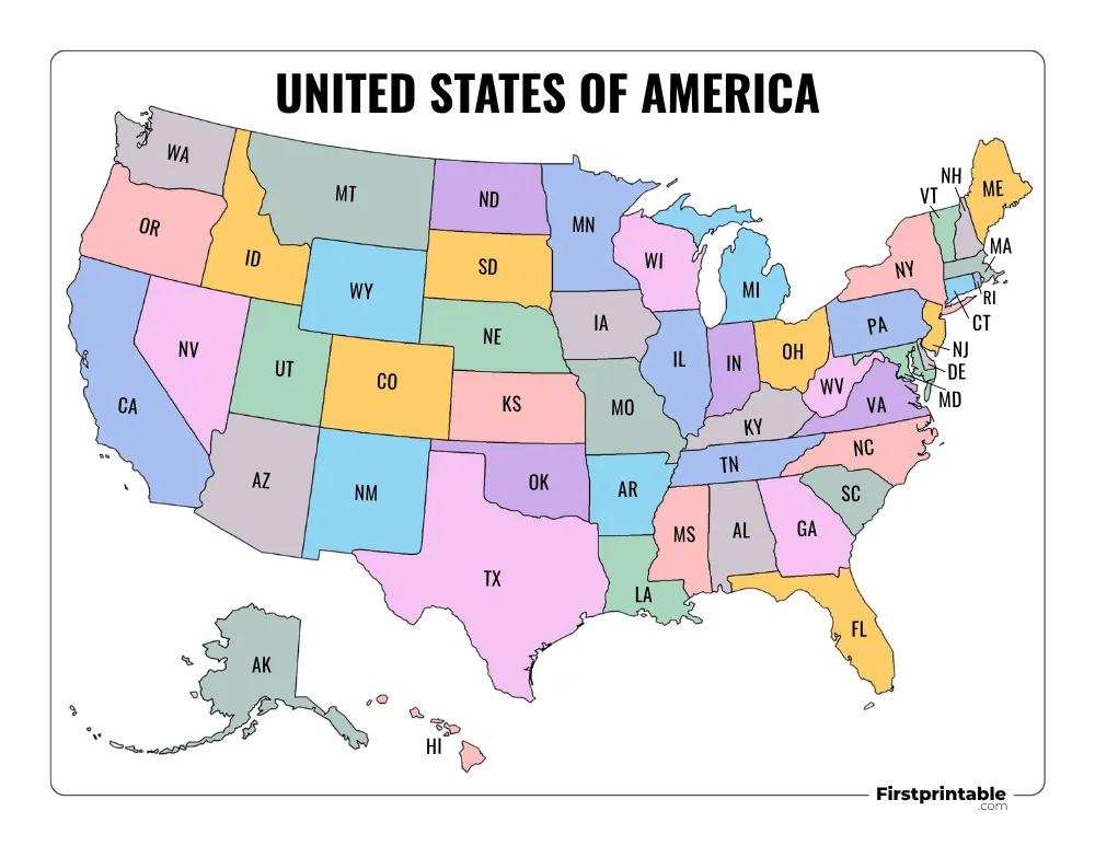 Printable US Map with State Abbreviations Template 03