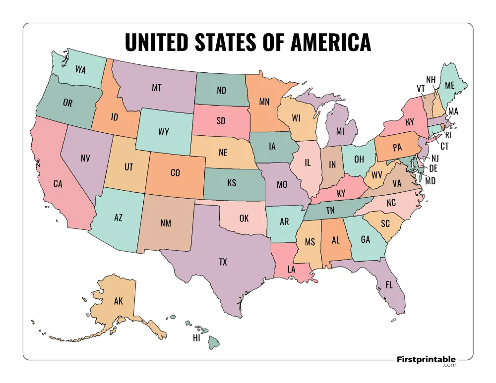 Printable US Map with State Abbreviations Template 04