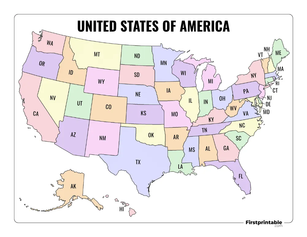 Printable US Map with State Abbreviations Template 05