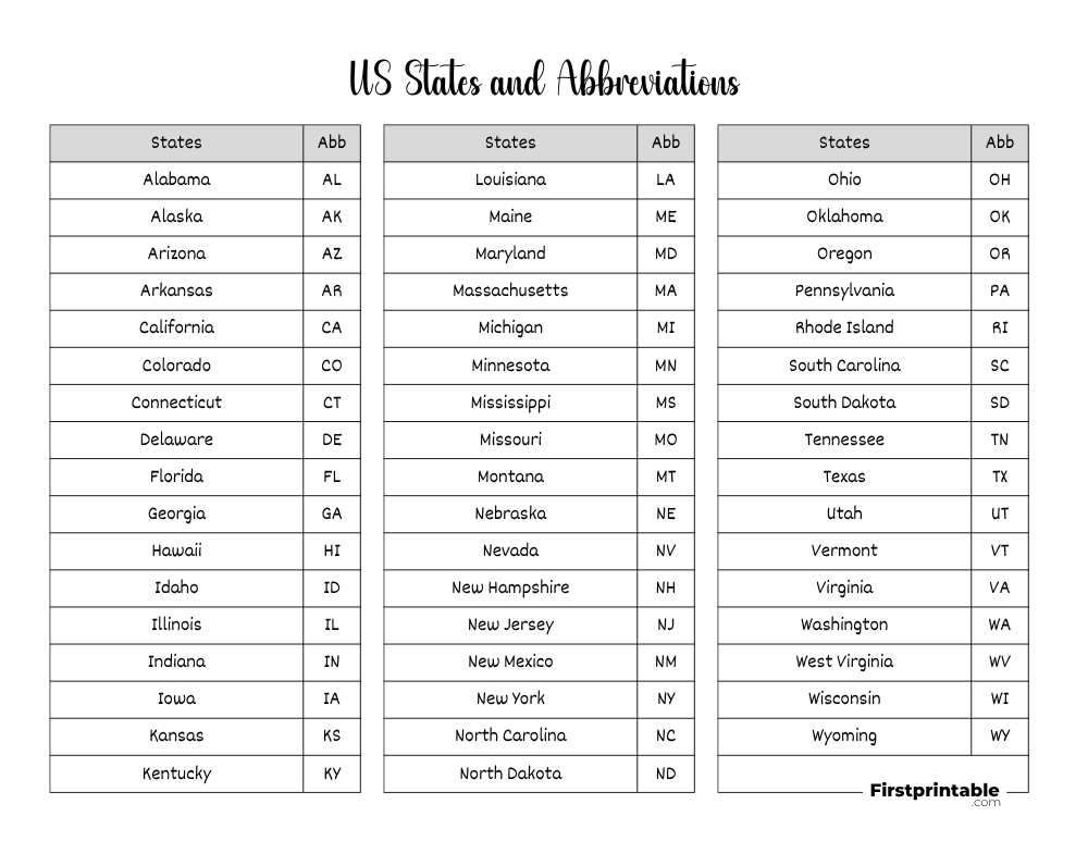 Printable US States and Abbreviations