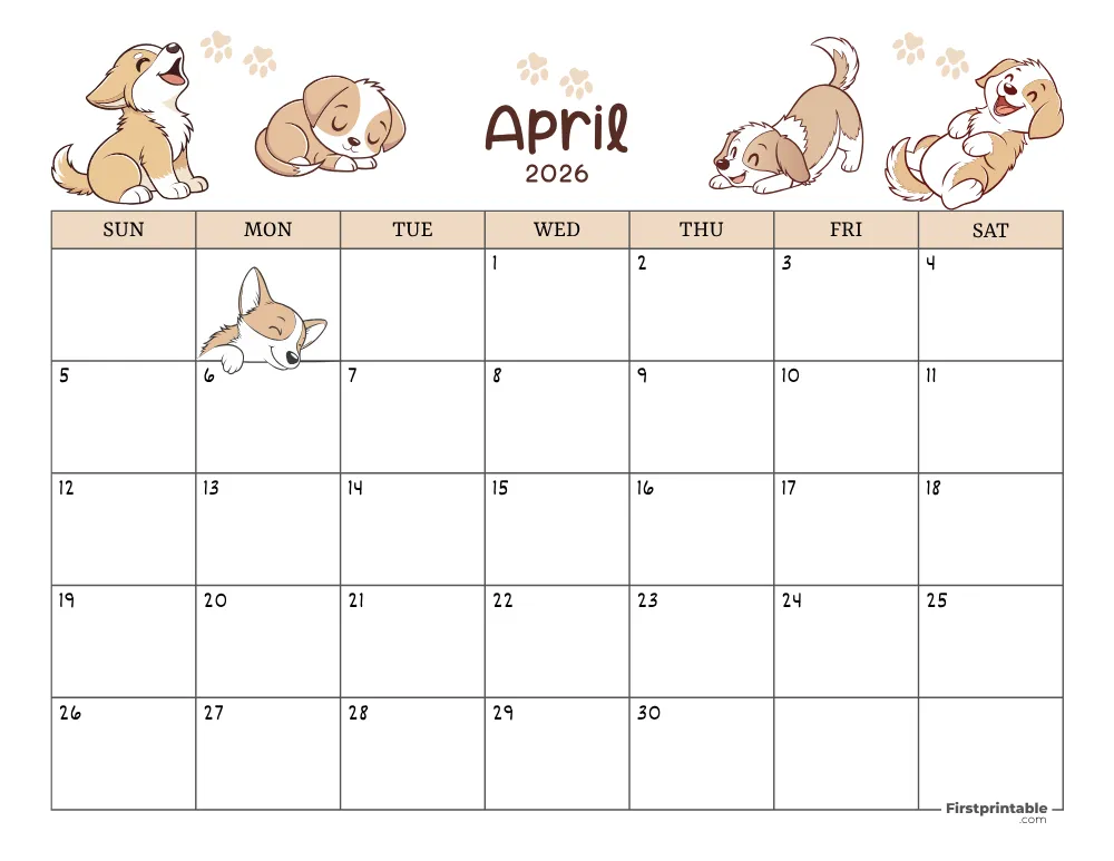 April 2026 Calendar Dog Themed 01