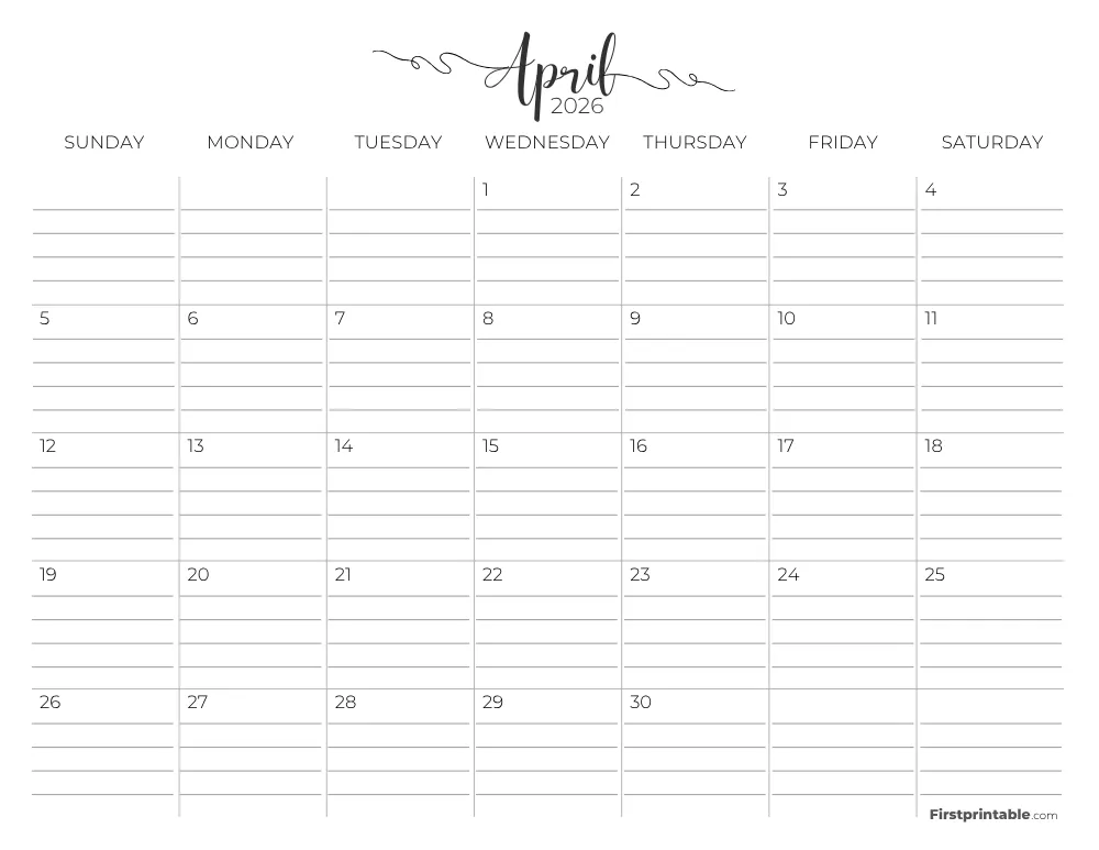 April 2026 Calendar with lines 02