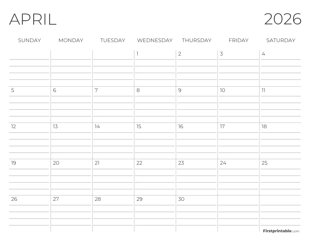 April 2026 Calendar with lines