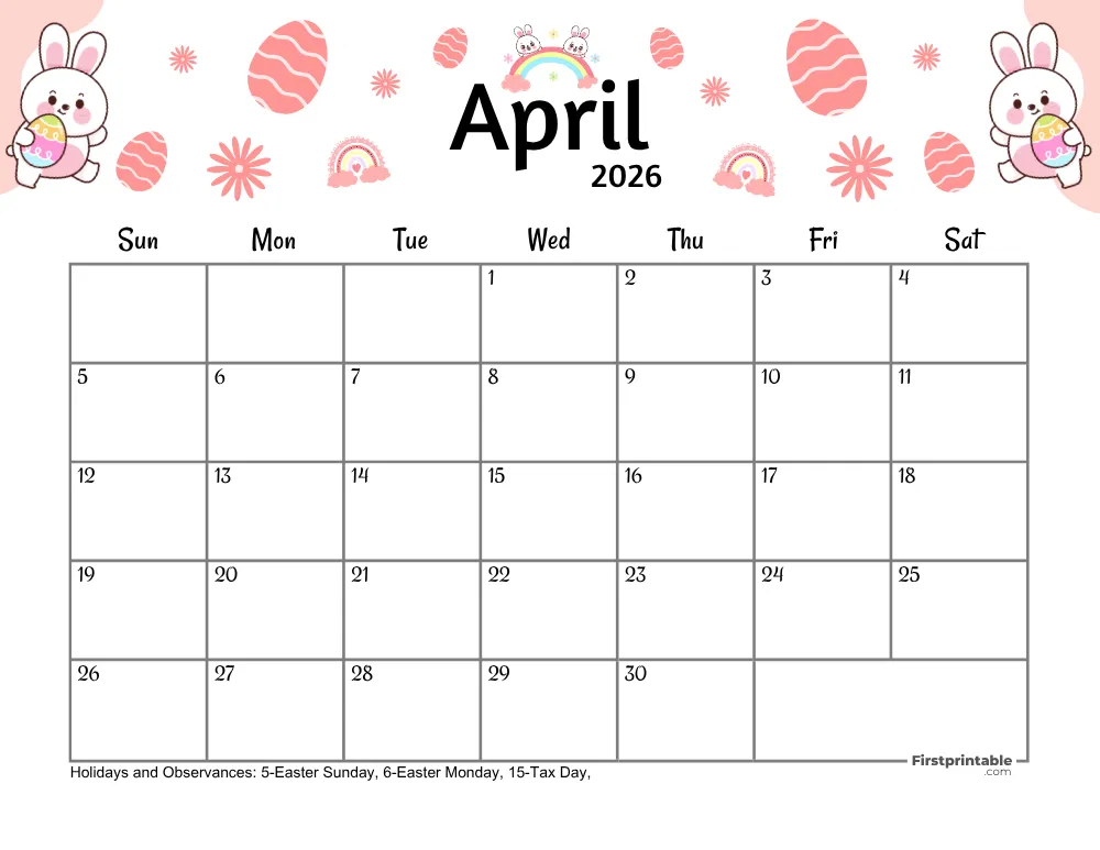 April Calendar 2026 - Easter