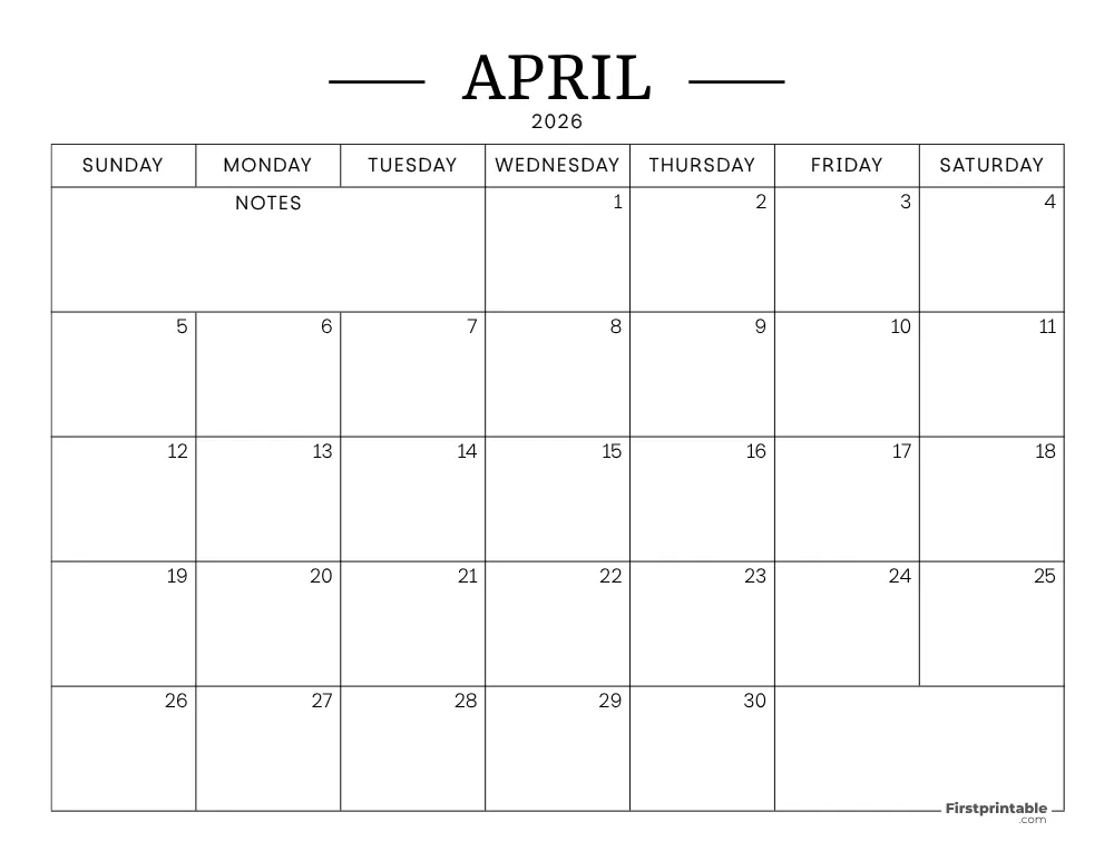 April Calendar 2026 Printable