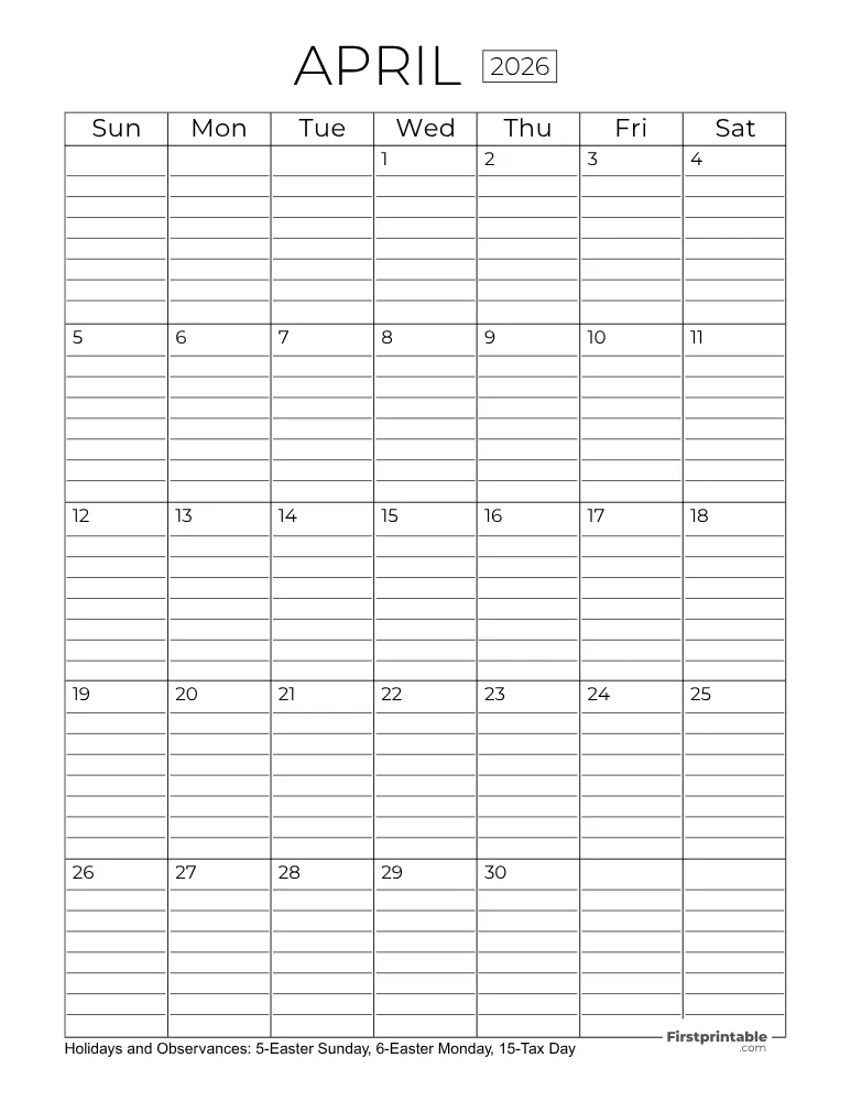 April Calendar 2026 with Lines