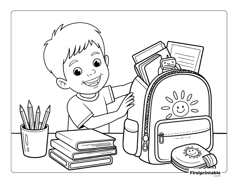 Kid Packing His Backpack Coloring Page