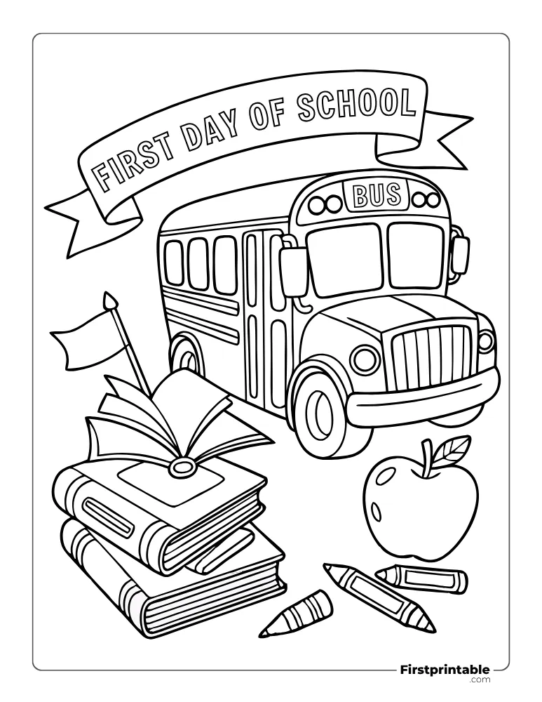 School Bus and Books Coloring Page