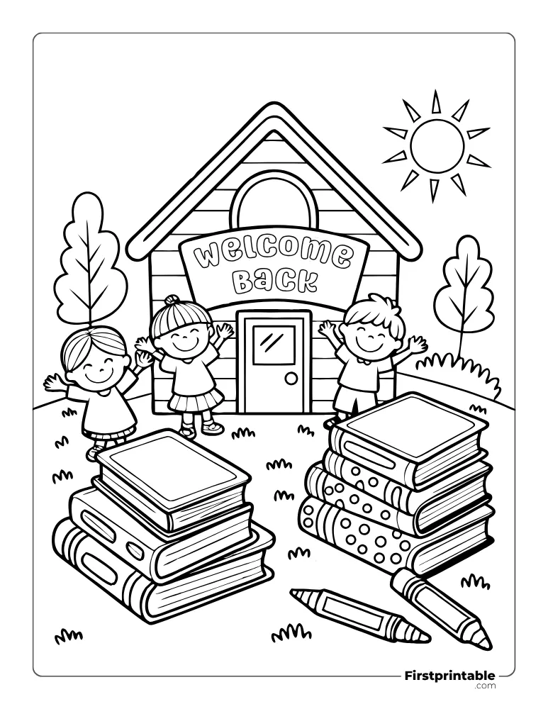 Schoolhouse and Supplies Coloring Page