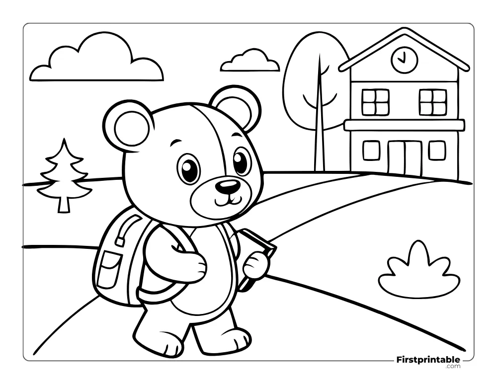 Cute Teddy Going to School Coloring Page
