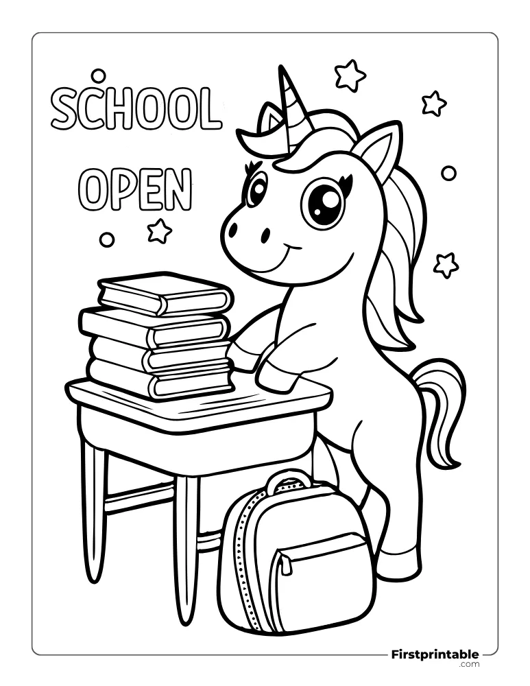 Unicorn Having Fun at School Coloring Page