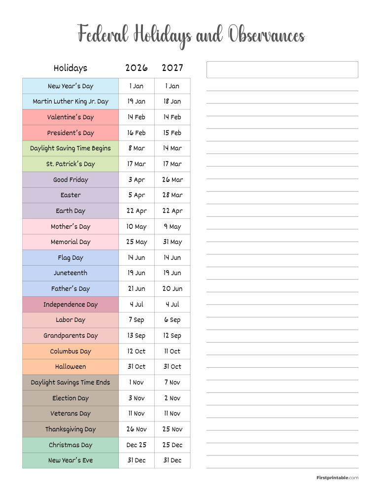 Free Printable Federal Holidays 2026 2027
