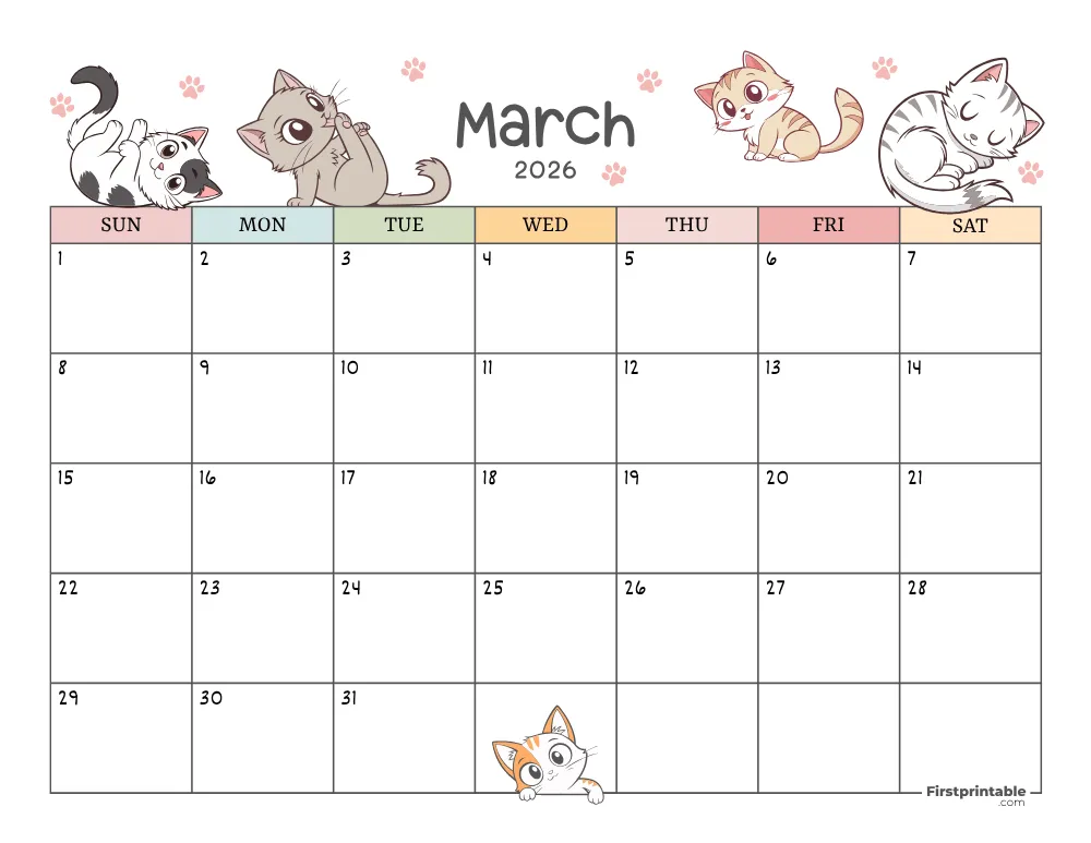 March 2026 Calendar Cat Themed 01